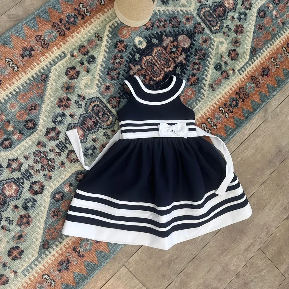New Bonnie Jean Navy and White Formal Dress with Bow 3T Toddler Girl VTG Style
